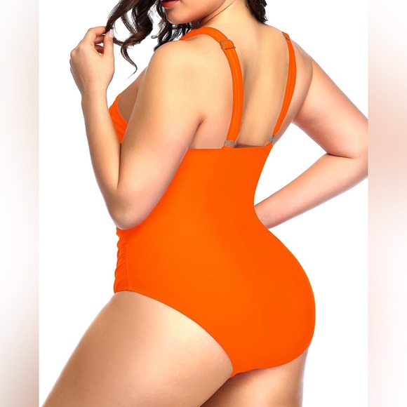 Daci Front Cross Plus Size One Piece Swimsuits Tummy Control Keyhole Orange - Picture 2 of 5